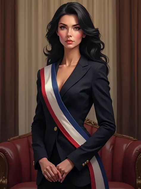 female president with a tricolor presidential sash (white, red and blue), featuring black hair, against a dignified background