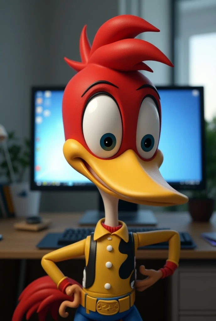 Create an image of the Woody Woodpecker character with a persons head in front of the computer