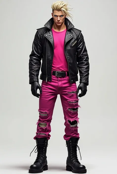 
- He is tall, muscular, with blonde hair that falls into his eyes
- He has blue eyes that can appear cold and calculating
- His outfit consists of a studded leather jacket in pink with matching ripped jeans, leather gloves, a tight pink t-shirt, and heavy...