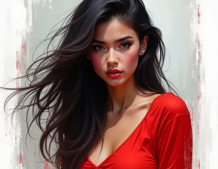 Painted portrait, full body, beautiful young woman, long flowing dark hair, red top, vibrant red accents, abstract background, white and gray tones, dynamic pose, intense gaze, photorealistic style, digital art, painterly effect, high contrast, dramatic li...