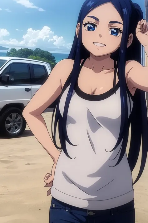 ( Anime style ) ((Best Quality)), 1girl, solo, asirpa, blue hair, black hair, long hair, blue eyes, Black tank top, black camisole top, white jeans shorts, beach, outdoors, day, sky, smile, collarbone, standing, best quality, highres, 4k, 8k, RAW photo),