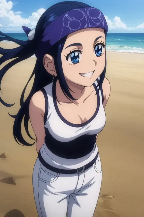 ( Anime style ) ((Best Quality)), 1girl, solo, asirpa, blue hair, black hair, long hair, blue eyes, Black tank top, black camisole top, white jeans shorts, beach, outdoors, day, sky, smile, collarbone, standing, best quality, highres, 4k, 8k, RAW photo),