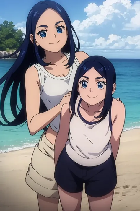 ( Anime style ) ((Best Quality)), 1girl, solo, asirpa, blue hair, black hair, long hair, blue eyes, Black tank top, midriff, navle, black camisole top, white shorts, beach, outdoors, day, sky, smile, collarbone, standing, best quality, highres, 4k, 8k, RAW...