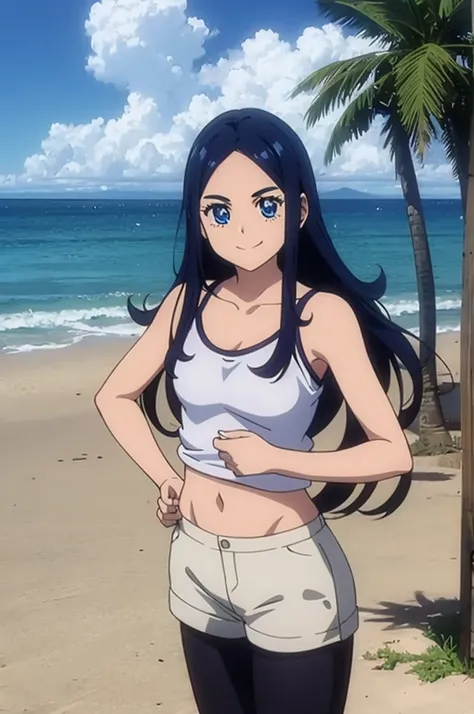 ( Anime style ) ((Best Quality)), 1girl, solo, asirpa, blue hair, black hair, long hair, blue eyes, Black tank top, midriff, navle, black camisole top, white shorts, beach, outdoors, day, sky, smile, collarbone, standing, best quality, highres, 4k, 8k, RAW...