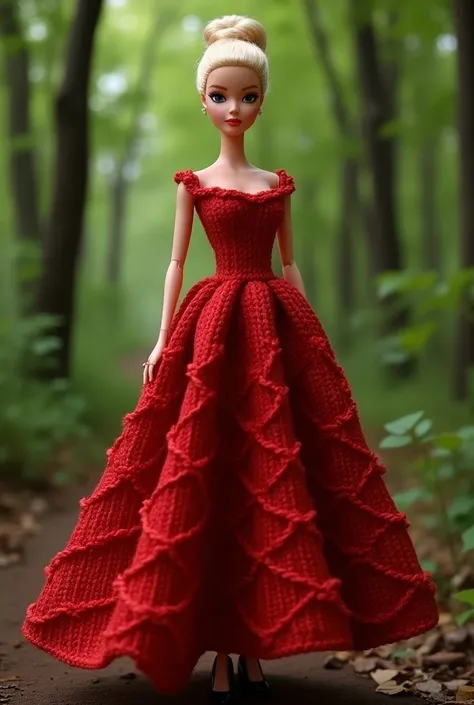  Create a beautiful Barbie doll with a realistic knitted dress, Hollow red, sleeveless, with a flared skirt, and a black shoe  , against a backdrop of trees .