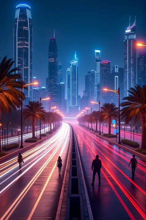 Dubai lights on the highway with people walking 