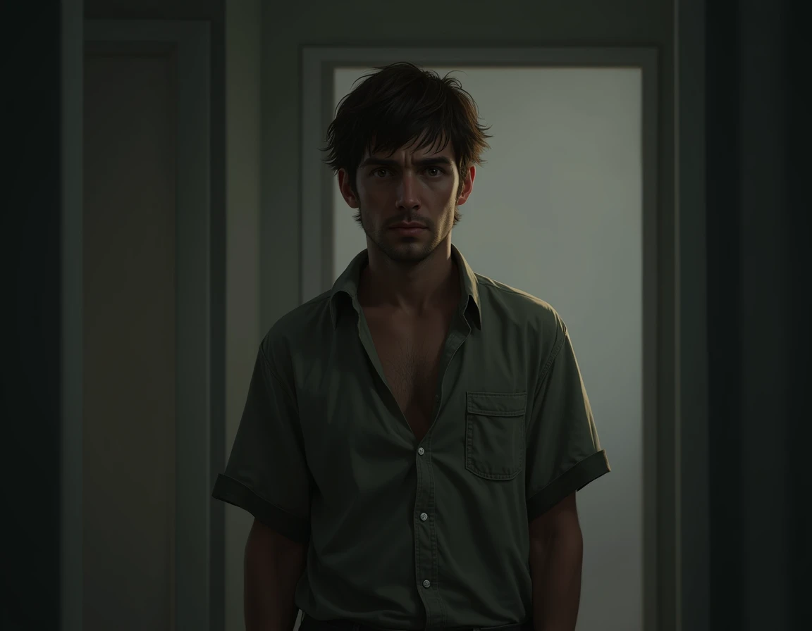 A realistic, melancholic 30-year-old man standing alone in a dimly lit room. He has a slightly scruffy appearance, with short, unkempt brown hair and a bit of stubble. His face shows a deep, thoughtful expression, with a trace of sadness in his eyes. Dress...