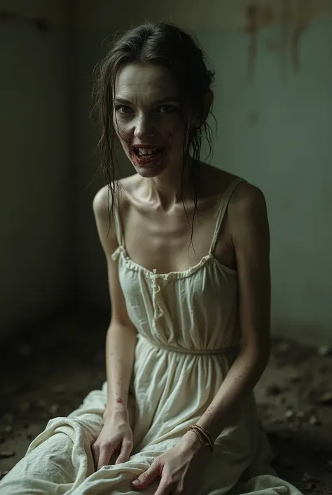 She is described as extremely thin ,  with oily hair and a disturbed look .  The pallor and shabby state of her white dress indicate personal negligence and possibly a frayed state of mind.  These characteristics reflect a haunted and destabilized figure ....