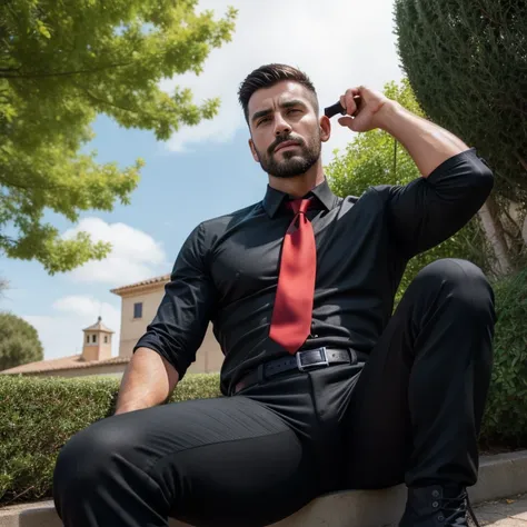 30years old,One Man,、 black shirt、Red tie、 black slim pants、 black gloves、Black boots、Combatant、With a pistol on his hip、garden、　 sitting with legs open 。short hair 、更にshort hair 、 undercut、Stubble　Muscular　Spanish faces　 black shirt　View from below　Upper ...