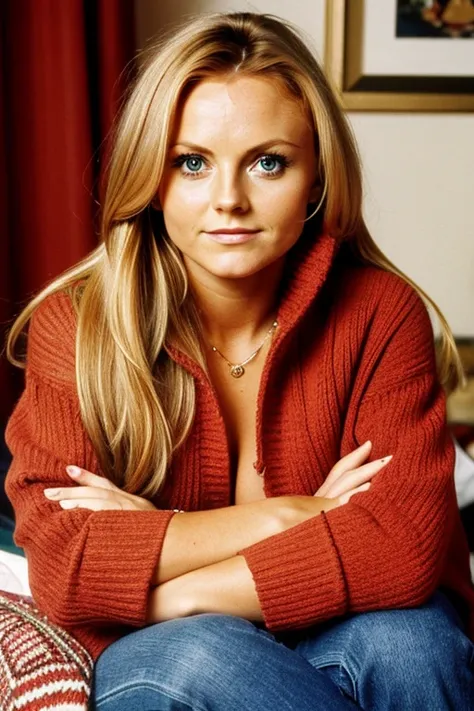 19 year old Geri Halliwell, ￼milf, medium view, very fat, face portrait, long blond hair, fake tan skin, abundance of makeup, wearing cozy jacket over sweater, cozy home