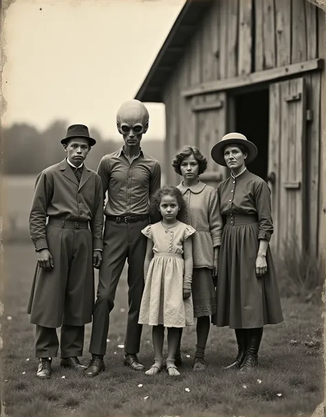 A highly realistic, black-and-white photograph from the early 20th century, capturing the essence of vintage photography. The photo should have a slightly faded look, with subtle signs of wear like soft edges and slight graininess. The subject is captured ...