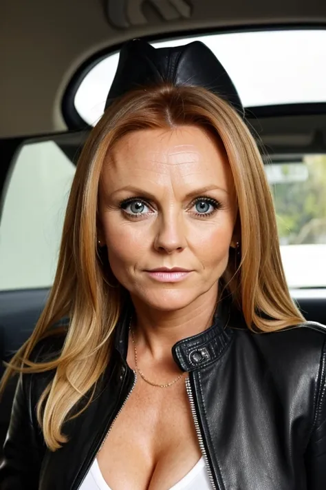 50 year old Geri Halliwell, ￼milf, medium view, very fat, face portrait, long blond hair, fake tan skin, abundance of makeup, wearing black leather jacket over school uniform, chubby, cozy home