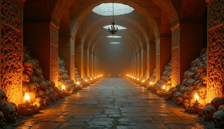 "Wide-angle shot of a large catacomb chamber with walls of arranged bones, soft torchlight illuminating the area, giving it a sacred, almost ceremonial feel —ar 16:9"