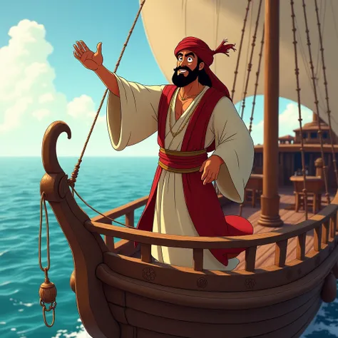 the famous arabian Sinbad cartoon character on the ships balcony waving with on of his hands, side view of the ship, super realistic, wide shot