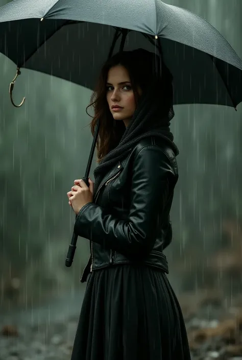 A beautiful brown-haired woman in a shawl , hiding hair,  leather jacket and a long skirt stands in the rain with an umbrella.