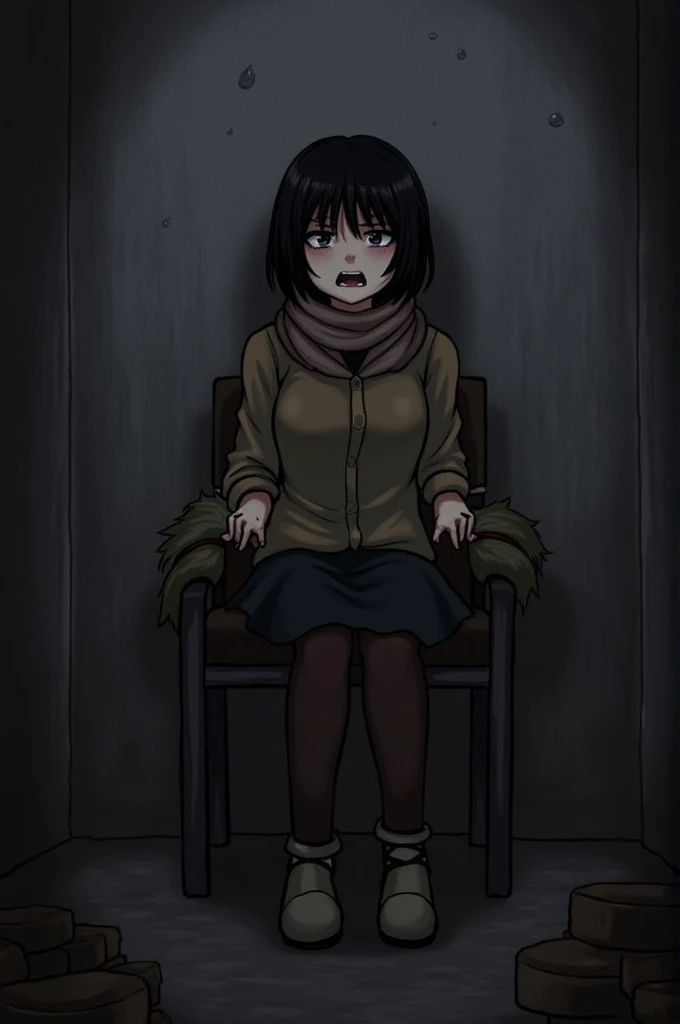 gine,1 girl,alone,short hair,black hair,black eyes,hair,fluffy hair,medium hair,bangs,(blushing,terrified,crying),tied to a chair,tied to a chair,gag (bare shoulders,jacket skin), bare arms, wristband, fur scarf, skirt, pantyhose, dungarees,), (inside the ...