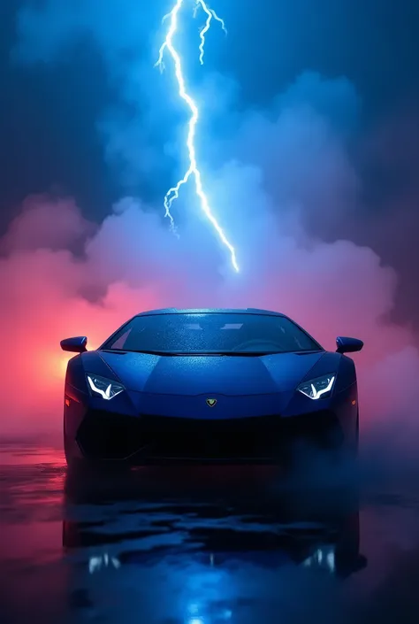 "A powerful dark blue sports car with a sleek, aerodynamic design parked in a foggy, intense scene at night. Surrounding the car is a dense mist in shades of red and pink, creating a surreal and mysterious atmosphere. A bright, electric blue lightning bolt...