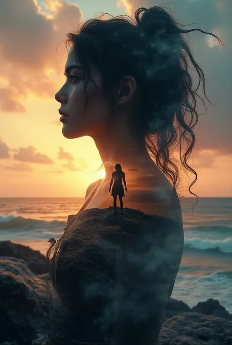  lyrics, 8K ultra HD, Una hermosa double exposure que combina una silueta de diosa con la costa al atardecer,  the coast at dusk should serve as a backdrop , with its details incorporated into the goddess, sharp lines, The background is monochrome,  sharp ...