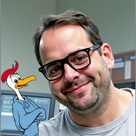 Create an image of the Woody Woodpecker character with a persons head in front of the computer, merging the attached image