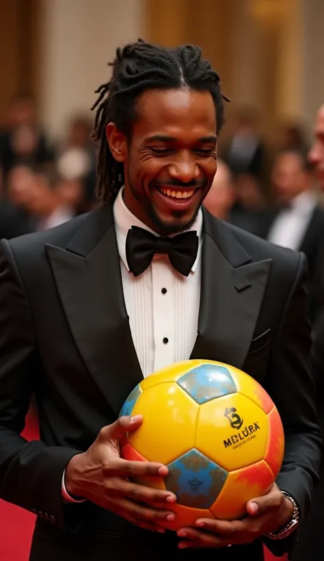 A realistic photograph of Vinicius José Paixão de Oliveira Júnior soccer player at the Ballon dOr gala,  proudly receiving a beach ball . Gala dress with a black tuxedo .  Her expression is one of laughter and tears of happiness . 