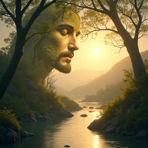 The serene natural landscape features gentle hills and a stream reflecting the golden dawn light. Elements like curved branches, leaves, stones, and the flowing water subtly and almost imperceptibly form the face of Jesus. The divine visage blends seamless...