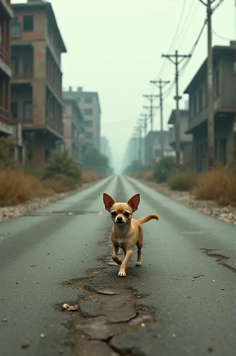 Chihuahua dog walking away on an abandoned road