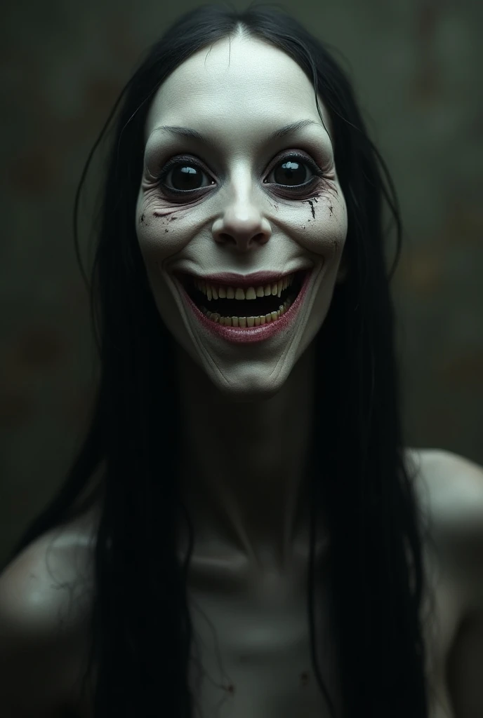 your skin is pale, almost ethereal, as if she is in a constant state of decomposition, and his eyes are big, empty and cold, reflecting a deep emptiness, Without any trace of humanity. What truly defines her,  however , is the smile.  A wide smile , tortur...