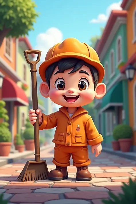 Create a Disney pixel-style street sweeper with an orange uniform holding a hoe