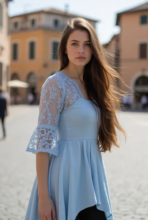  Realistic photo of a beautiful 23-year-old brunette woman. She is wearing knee-length light blue cotton dress with lace sleeves,  black pantyhose , long beautiful hair.  brown eyes. beautiful figure. The young woman is standing in a square in Rome . nice ...