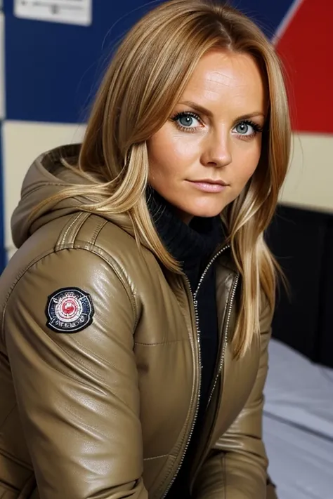 19 year old Geri Halliwell, ￼milf, medium view, very fat, face portrait, long blond hair, fake tan skin, abundance of makeup, wearing black moncler leather puffer jacket over school uniform, chubby, cozy home