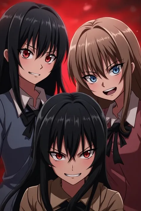  3 girl Anime bullies smiling evilly 2 with black hair and red eyes and 1 with light brown hair and blue eyes smirking