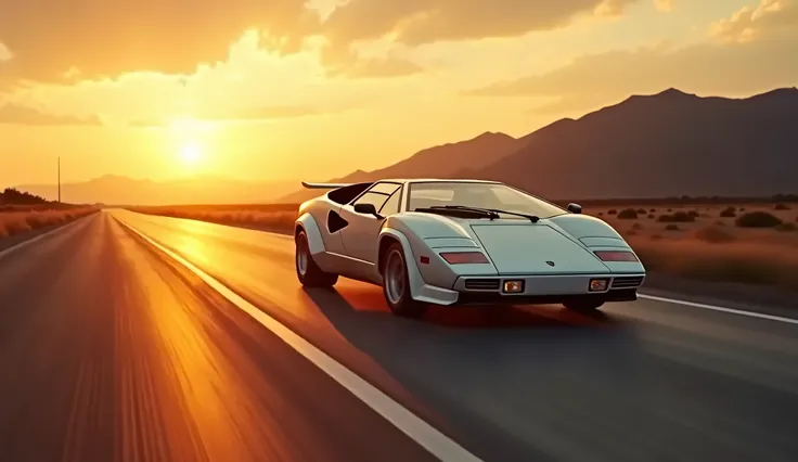 "A vibrant white Lamborghini countach sports car speeding on an open highway at sunset, surrounded by a warm, golden light that reflects on its sleek metallic surface. The background shows a vast, empty road leading into the horizon, with dark mountains si...