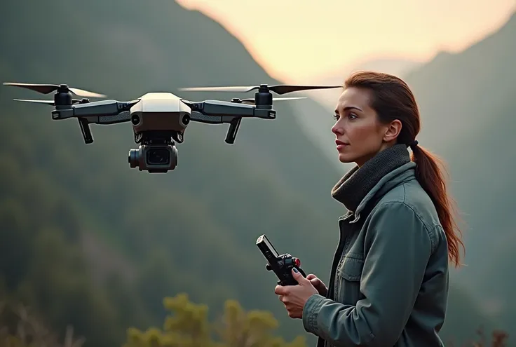 Beautyfull european Women in engineering: representation of an empowered woman. woman is a drone operator. She is operating drone outside. Artistic shot with intersting perspective from sky.