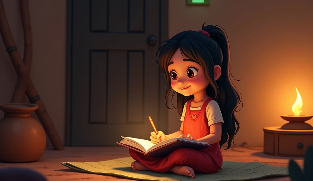 Ayesha, with a joyful and hopeful expression, sits cross-legged on a simple mat in her modest home, holding the magical notebook in her lap. She’s writing carefully on the first page, her eyes filled with excitement as she writes about her biggest dream of...