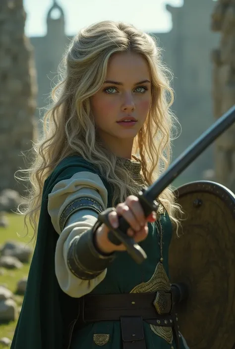  A beautiful girl with a wavy, long, ash-blond hair and green eyes .
 She holds sword and S in her hands .  Her clothes are reminiscent of the Middle Ages .
 A castle ruins can be seen in the background. 