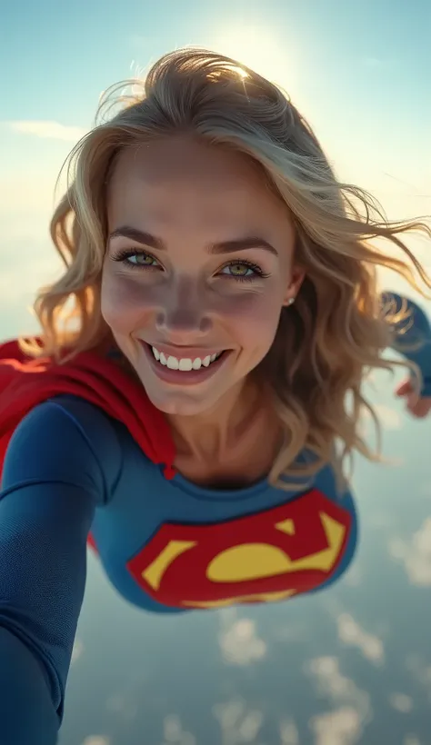 Selfie style photo, pov, INSANELY SEXY, RIPPED MUSCULAR BUSTY, bOOBS SUPERGIRL WEARING THE ORIGNAL SUPERGIRL COSTUME FROM 1950. SOARING WHILE TAKING A SELFIE. 8k, high definition, visible cleavage, smiling, happy