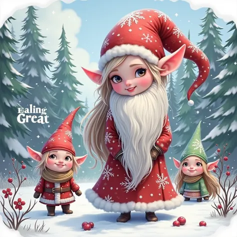 Imagem 3D a painting of a girl and two gnomes in a snowy forest, little elf girl, elfin beauty, elf girl, elves, cute detailed digital art, by Ma rie Angel, cute artwork, cute detailed art work, elf princess, traditional art, season S!!:, magic fairy fores...