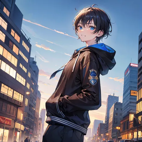 1boy, blue eyes, brown very short hair, wide grin, wearing hoodie, urban city, skycrapers, absurdres, high res, ultrasharp, 8K, masterpiece, mature, portrait, badass looking