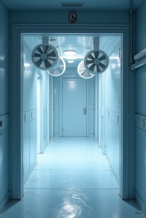  Make an image of a cold room viewed from the inside with its door in the background,  it will be empty and with a force-evaporator 4x4 fans hanging from the ceiling.  Research what a refrigerating chamber looks like and do it better , This one is bad 