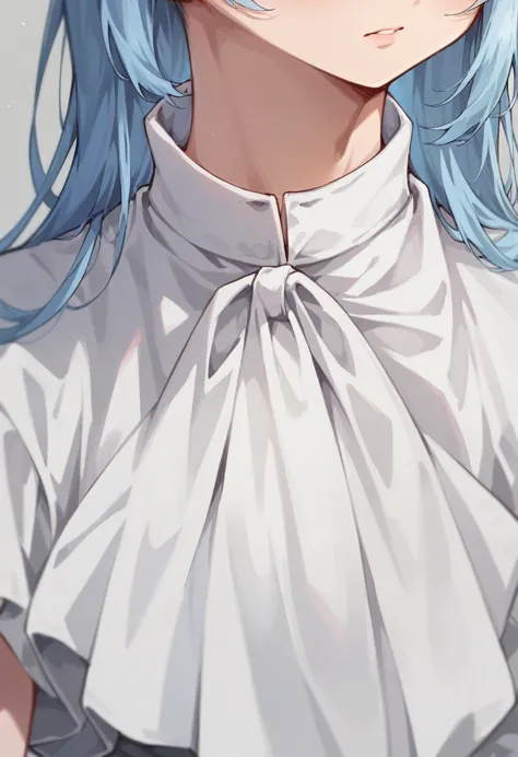 1 women 30 years with long light blue hair, white skirt, close-up of face