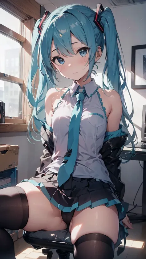 (((masterpiece、Ultra high definition、view from forward)))、Hatsune Miku、(((solo))), light blue hair、Twin tails、beautifil blue eyes、Looking down、Long eyelashes、shy 、blushing、sweating、Very beautiful appearance、Big tits、sexy body、Fair skin、(((Spread legs)))、La...