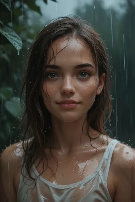 A young woman staring at her hands she is under the rain, soaked wet toward the viewer, her expression is surprise with a soft smile