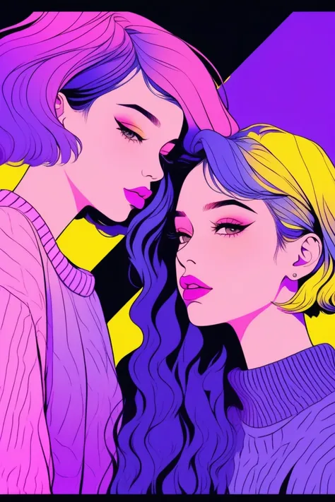 Illustrator, animation, realistic, sketch, 3 women in their 20s, lips, sweater, order, violet and yellow gradient background, neon hair, texture trim, Canada, (Masterpiece, Top Quality)