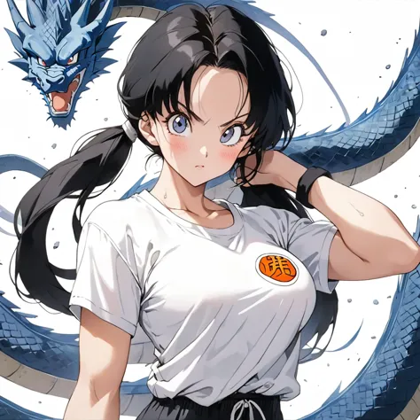 masterpiece, highest quality, high resolution, (videl),(dragon ball),1990s \(style\),c cup beautiful breasts、height: 160cm,sweat...