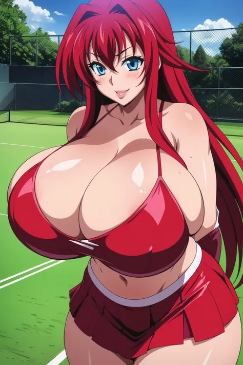 High resolution, Highschool Dxd, Rias Gremory, 1girl, ((bimbo))), long red hair, blue eyes, sexy face, erotic smile face, puffy lips, painted lips, thick lips, wide hips, thick thighs, enormous Natural breasts, shiny skin, oily skin, revealing cleavage, te...