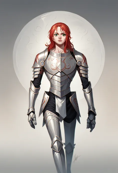 1 woman, one piece art style, full plate armor, long red hair with a white streak, green eyes, freckles on face, full body art, ...