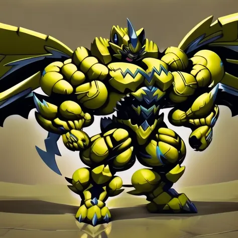 (zeraora, 8K), (zeraoras giant robot, Powered exoskeleton with the same design as zeraora), (Masterpiece, highres) (Detailed head, Detailed Body, Detailed abs, full body) (gigantic muscles, Gigachad Muscular, big muscle, pecs, triceps, traps, unusually dev...