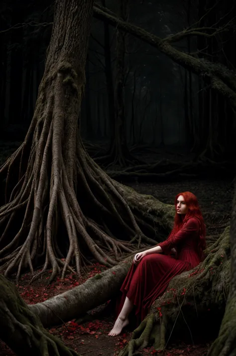 a red-haired woman in a flowing red dress, lying gracefully next to the gnarled, powerless root of a large ancient tree, dark fo...