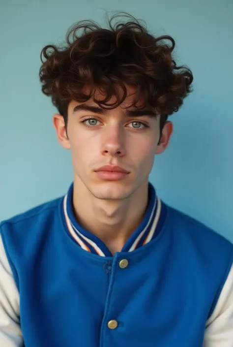 young man 22 years old. Male model has curly hair, light eyes with a blue head and a Varsity Jacket