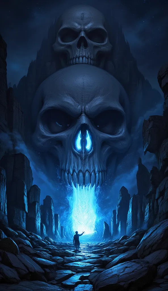 score_9, score_8_up, score_7, a picture of a an epic skull built into a mountain, the skull mouth shines as you can see blue lig...